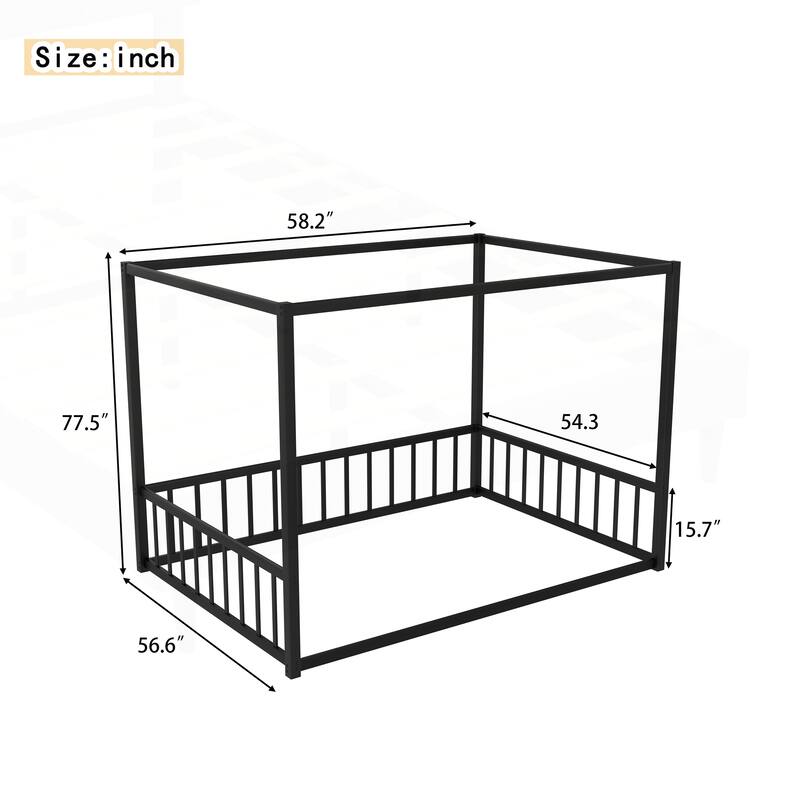 Modern Iron Double-Size Floor Bed with Multi-Functional Guardrails and Stable Structure