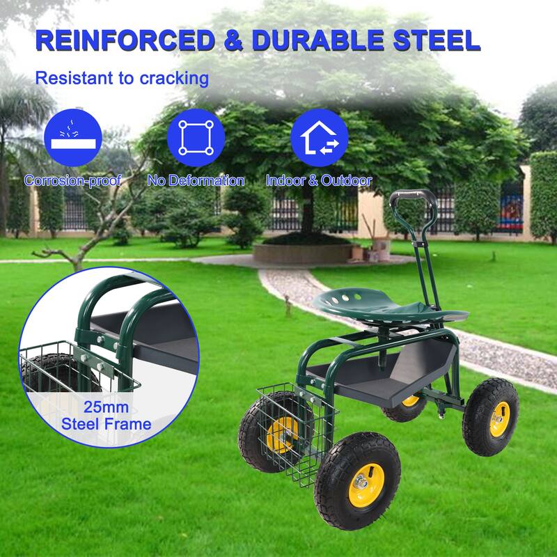 Adjustable Garden Cart with Swivel Seat, Large 10-Inch Wheels, Storage Tray and Basket, Easy Maneuvering - Iron