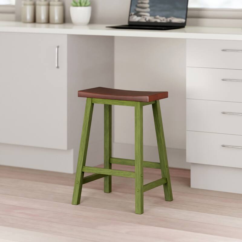 Satori Saddle Seat 24" Counter Stool, Rustic Green and Walnut - N/A