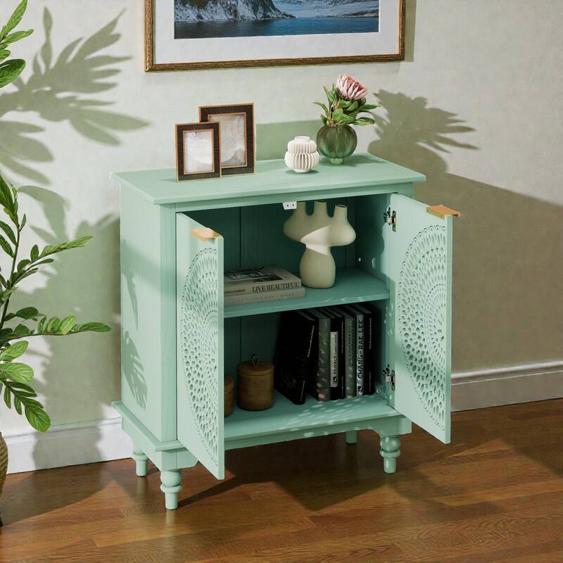 Hollow Carved 2-Door Accent Cabinet Storage Sideboard Buffet with Shelf, MDF Wood Cabinet for Entryway Living Room Bedroom