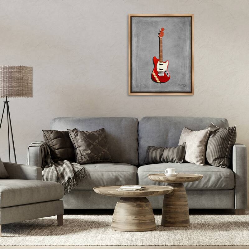 Stupell Red Guitar on Grey Framed Floater Canvas Wall Art Design By Mark Rogan
