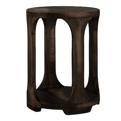 Eray Chairside Table with Shelf, Round Open Frame, Black Teak, 18 Inch
