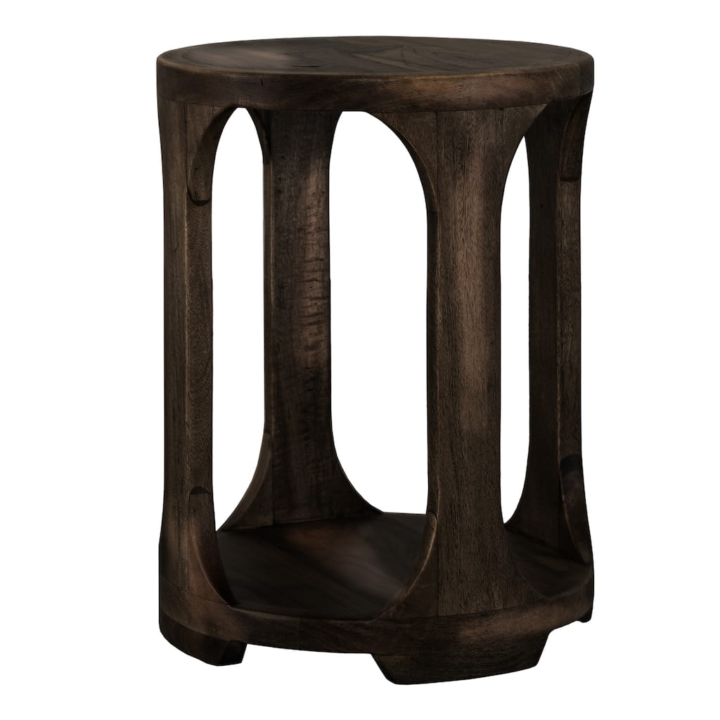 Eray Chairside Table with Shelf, Round Open Frame, Black Teak, 18 Inch