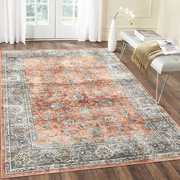 Garvee Traditional Floral Scroll Print Living Room Area Rug - Bed