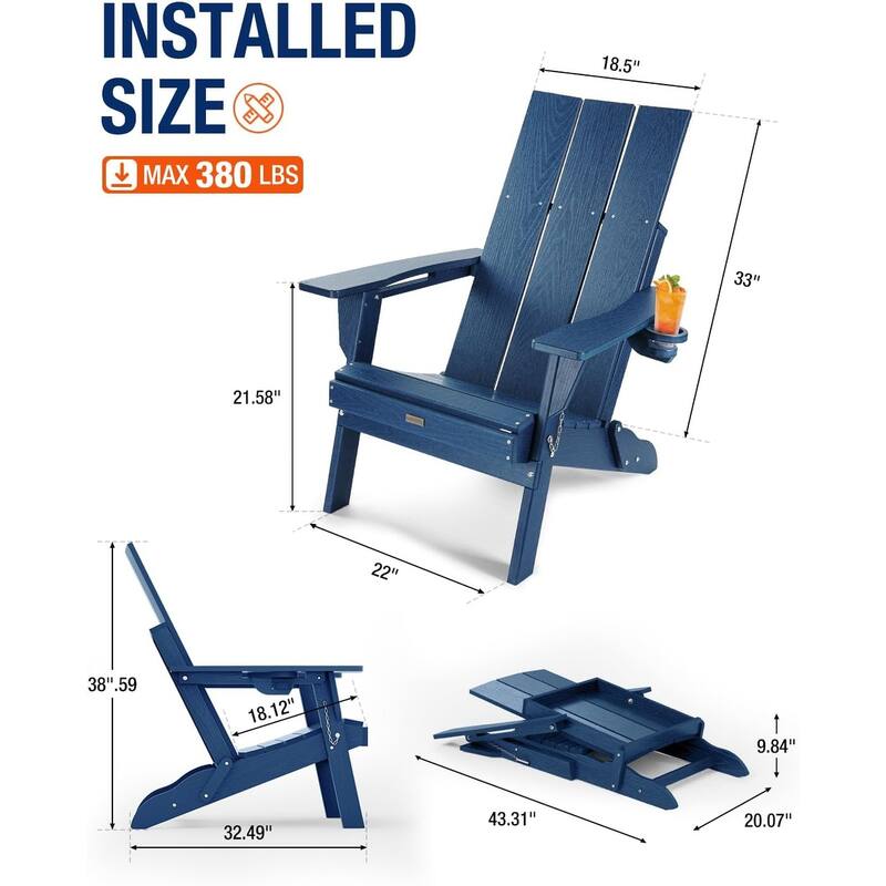 WINSOON Modern HDPE Outdoor Folding Adirondack Chair With Cup Holder-Set Of 2