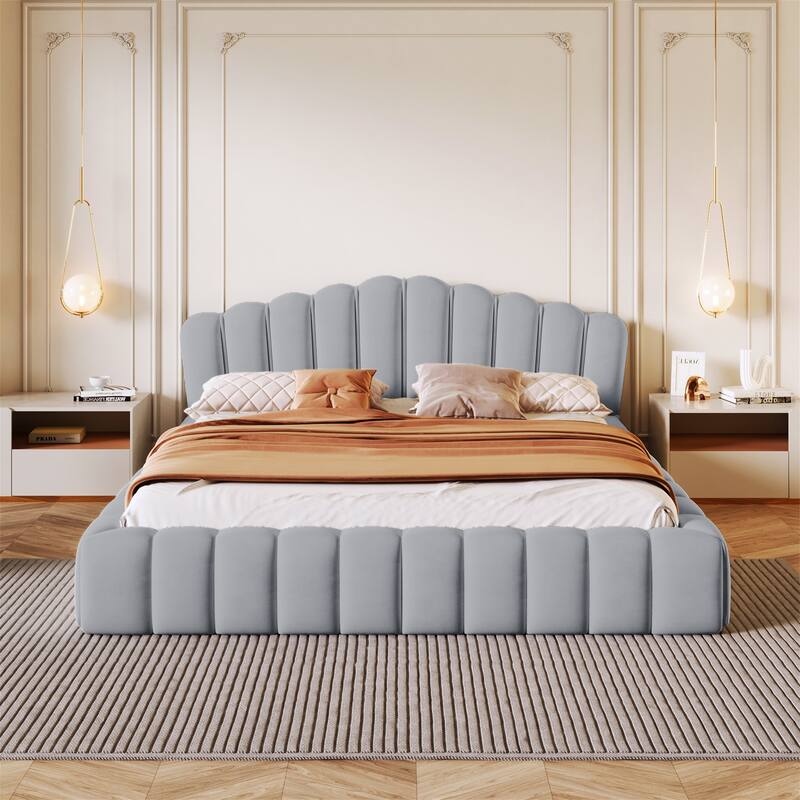 Velvet Upholstered Queen Floor Bed by Harper&Bright Designs - Light Blue