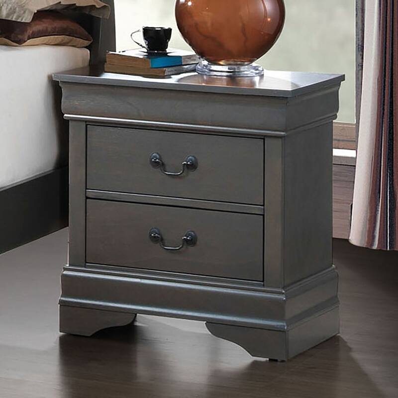 Gray Solid Wood Nightstand with Antique Brass Pulls and Drawers