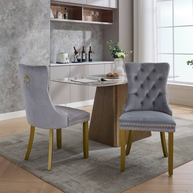 High-end Tufted Solid Wood Contemporary Velvet Upholstered Dining Chair with golden Wood Legs Nailhead Trim 2-Pcs Set
