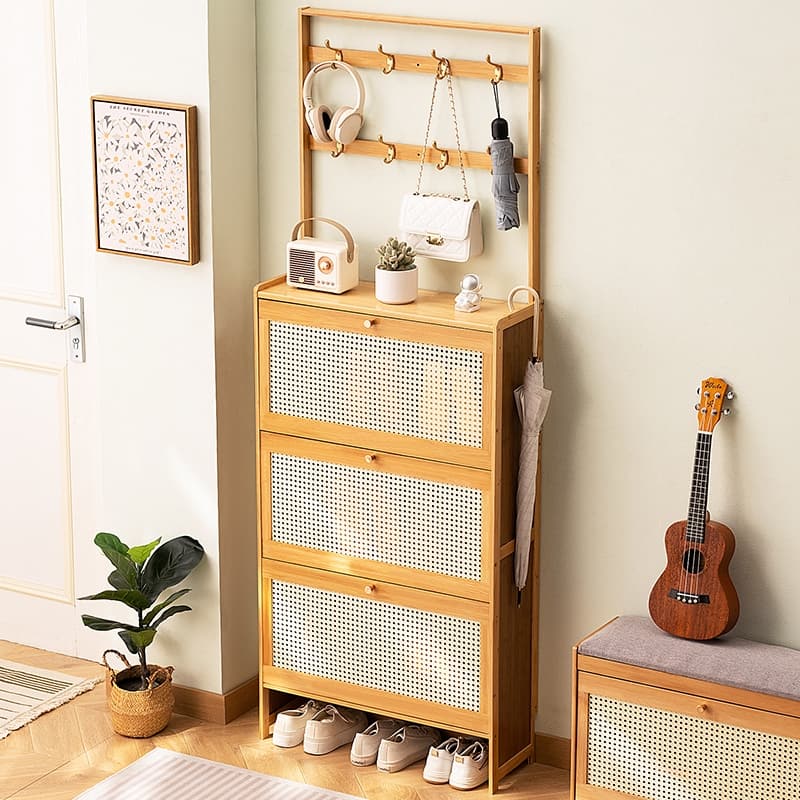 Shoe Cabinet with 3 Rattan Flip Drawers, Bamboo Shoe Storage Cabinet with Coat Hooks, Freestanding Shoe Cabinet Storage