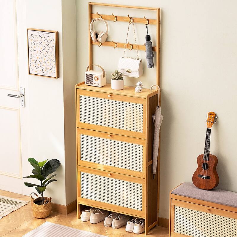 Shoe Cabinet with 3 Rattan Flip Drawers, Shoe Storage Cabinet with Coat Hooks, Freestanding Bamboo Shoe Rack Organizer