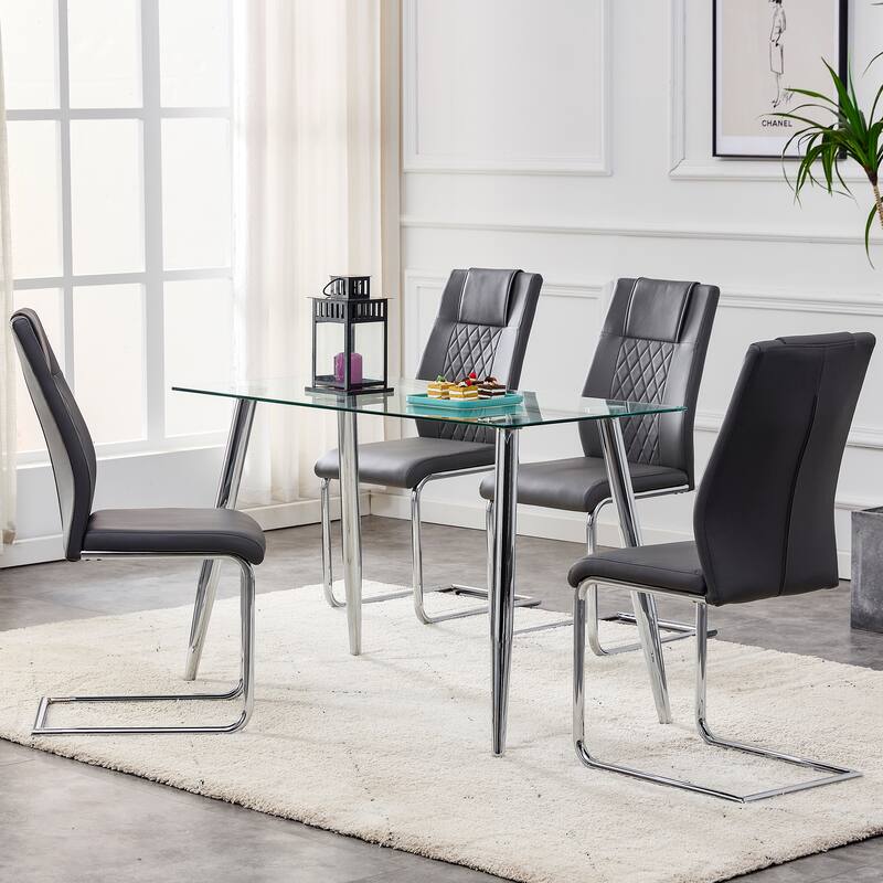 Modern Dining Chairs with Faux Leather Upholstered Seat and Metal Legs, for Kitchen, Living Room, Set of 8, Grey+PU