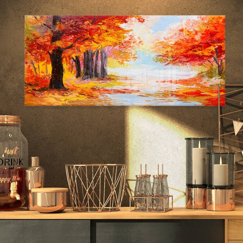 Designart 'Orange Forest in Autumn' Landscape Metal Wall Art