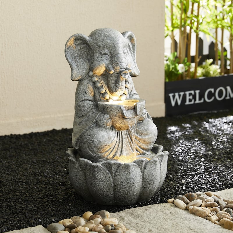 Glitzhome Polyresin Meditating Buddha Frog/Elephant Statue Outdoor Water Fountain with LED Lights - Grey - 21.75"H Elephant