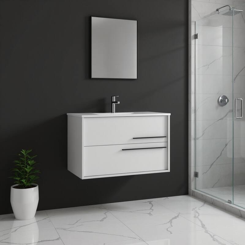 HomeRoots 32" Off White Wood Floating Bathroom Vanity With White Sink And Two Drawers - 32.00 in. x 24.60 in. x 21.60 in. - 32.00 in. x 24.60 in. x 21.60 in. - Polished - Off White