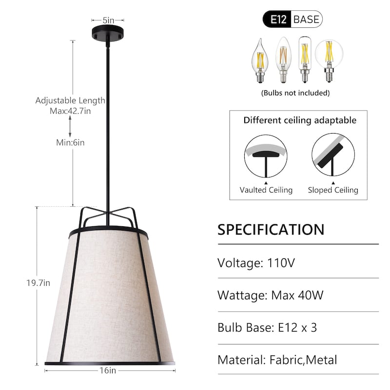 3-Light Modern Fabric Chandelier 16"x 19.7" Farmhouse Pendant Lights - 16inch x 19.7inch