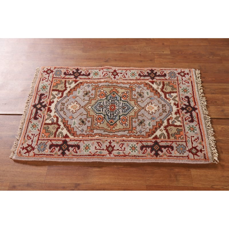 Geometric Heriz Serapi Indian Rug Hand-Knotted Grey Wool Carpet - 2'0"x 3'0"