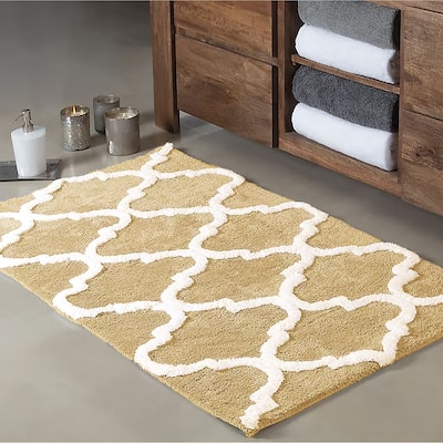 Beige 2 Piece Trellis Plush Soft Cozy 100% Cotton Bath Mat Set