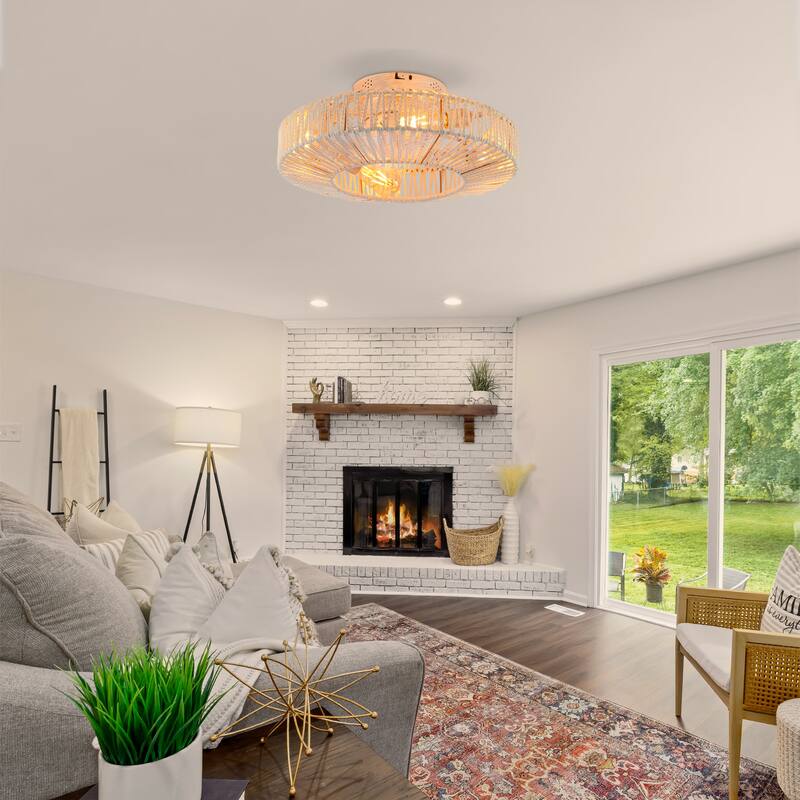 20" Rope Caged Ceiling Fans with Remote, Flush Mount Ceiling Fan with Light, Low Profile Chandelier 6 Speed DC Motor