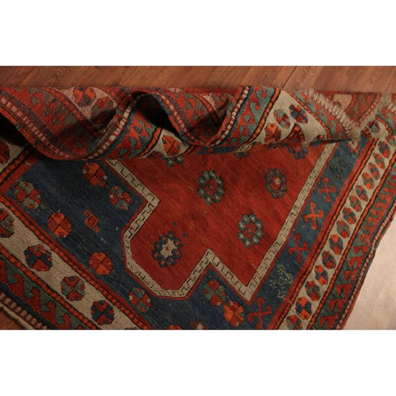 Hand Knotted Oriental 100% Wool Carpet Traditional Geometric Red Kazak Area Rug - 4' 9'' X 4' 0''