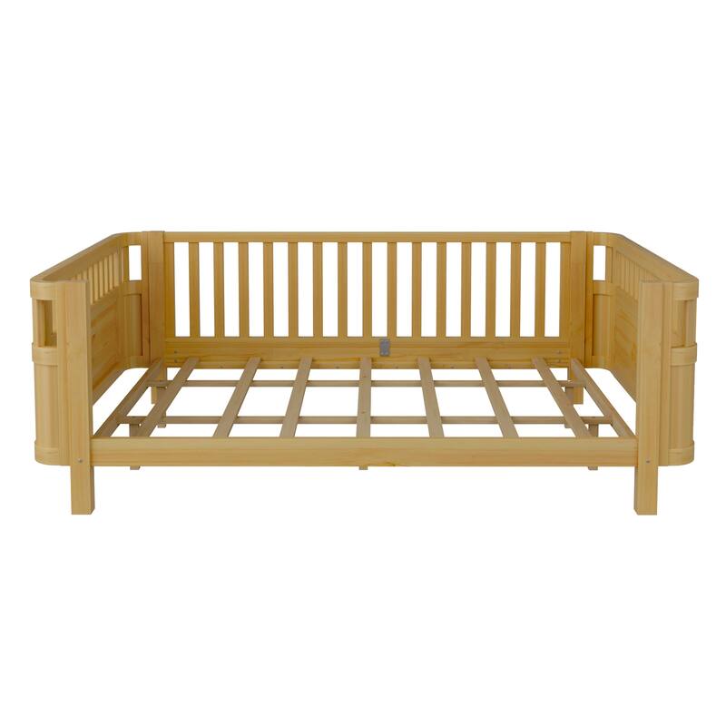 Roomfitters Queen Platform Bed, Low Profile Slatted Daybed with Wooden Frame and Removable Guardrails for Bedrooms