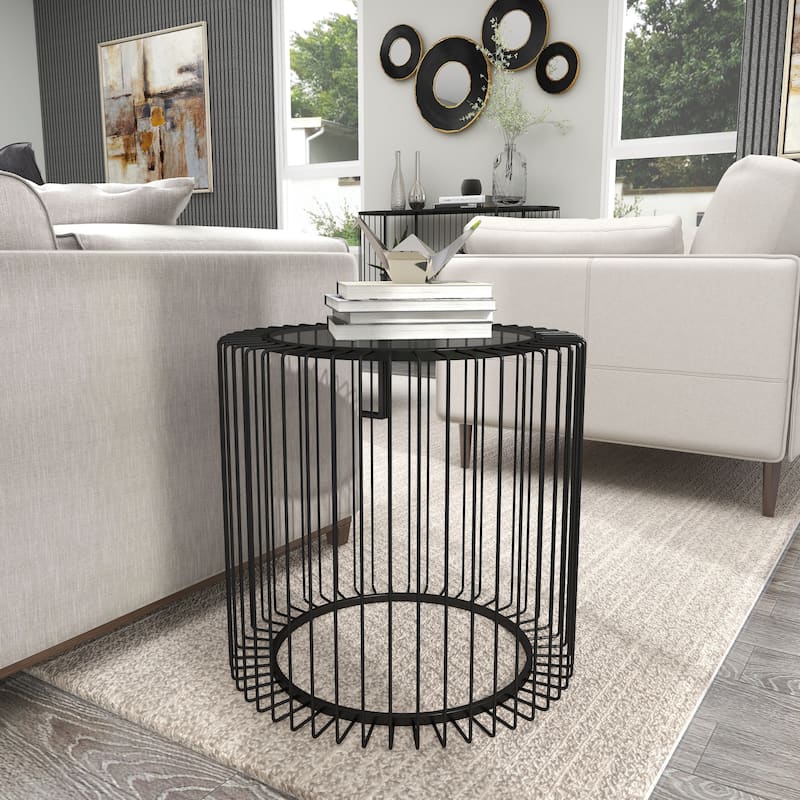 Metal Open Wire Frame Accent Table with Shaded Glass Top - Black - Roche River Decor