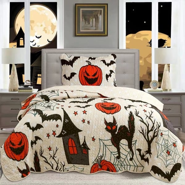 slide 2 of 8, Twin/Full Size Halloween Themed Quilt Bedspread Set Pumpkins, Black Cats, Bats, Haunted Houses ME503 Twin