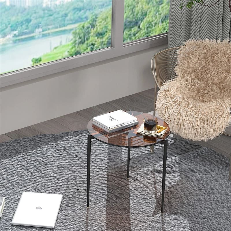 Round Tempered Glass End Table Sofa Table with Metal Frame for Living Room - 19.7x19.7 inch