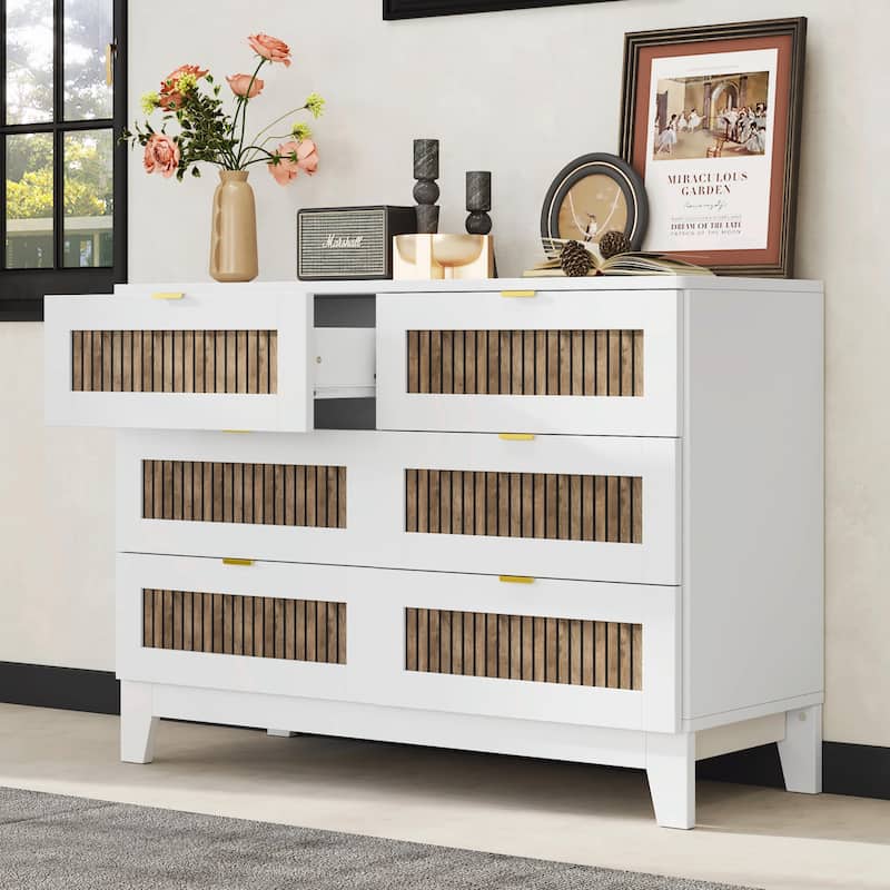 Rustic Farmhouse Style Wooden Dresser with 6 Drawers and Metal Handles - White