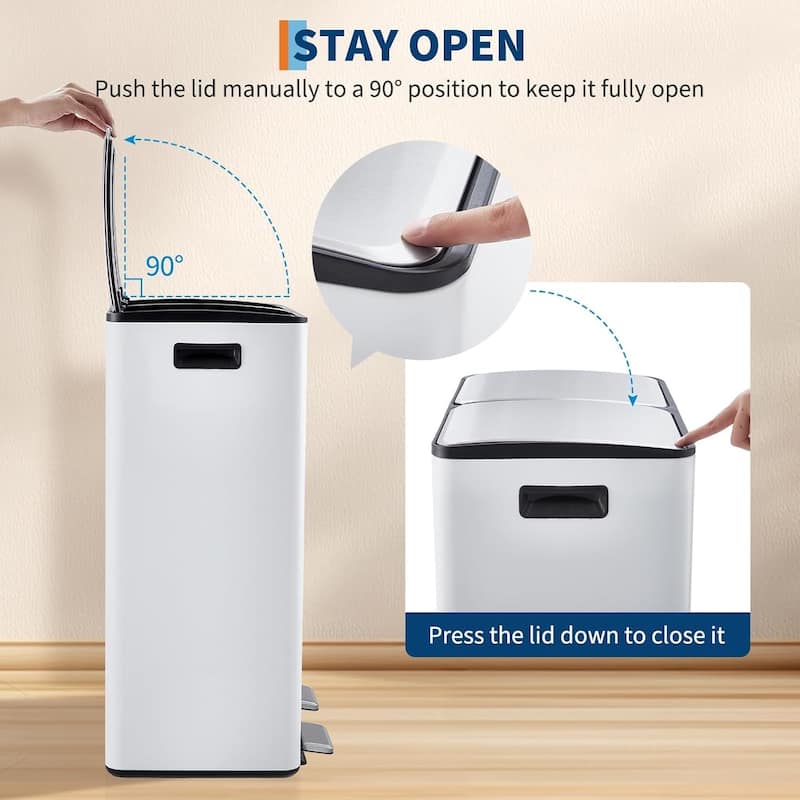 2 x 8 gallon double-compartment kitchen waste recycling station with individual foot pedal, white