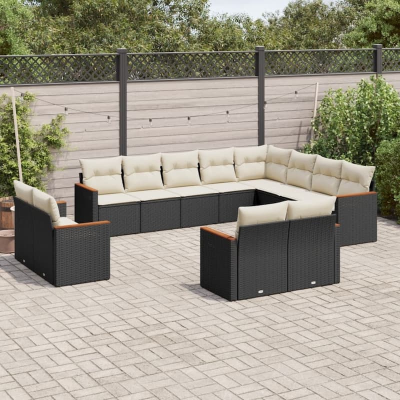 vidaXL Patio Sofa Set with Cushions Outdoor Conversation Furniture Poly Rattan - 24.4 x 24.4 x 27.2 in - Black and cream without table