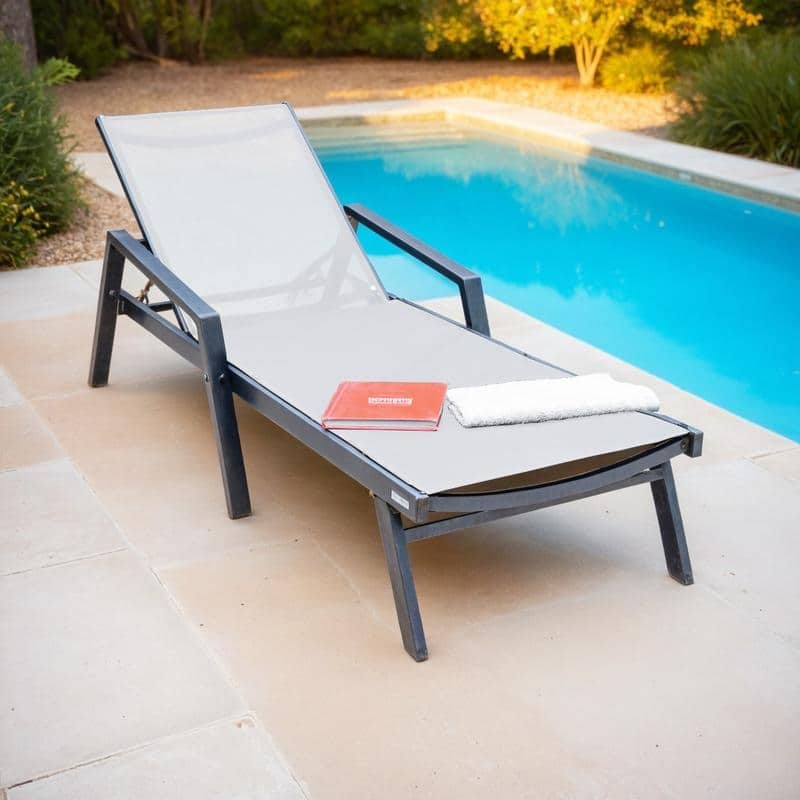 Marlin Outdoor Sun Chaise Lounge Chair with Arms - Stackable Mesh Recliner for Pool, Beach, Patio, Garden, Deck or Backyard