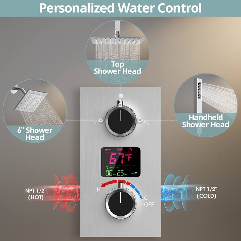 Dual Heads 12" Rainfall & High Pressure 6" Shower System w/ 3 Way Digital Display Faucet
