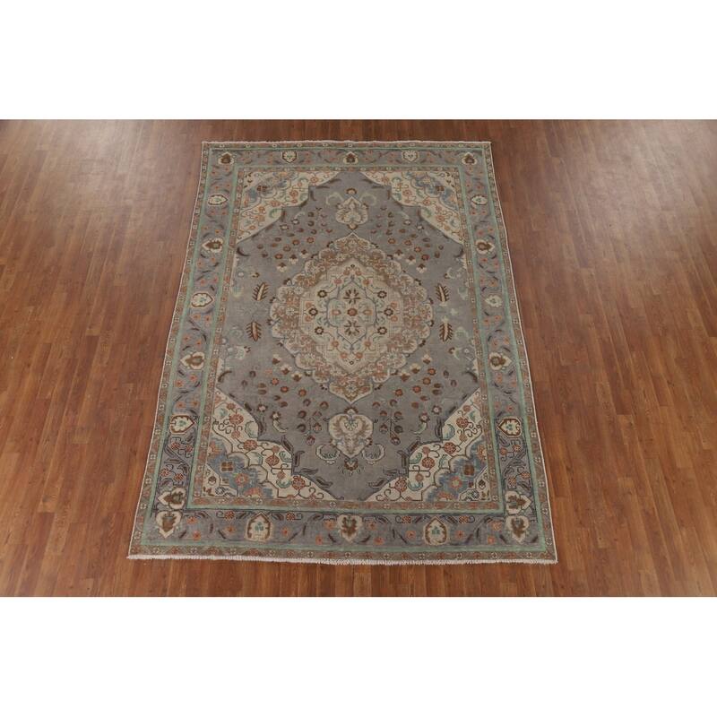 Distressed Grey Tabriz Vintage Persian Rug Hand-Knotted Wool Carpet - 6'7" x 9'4"