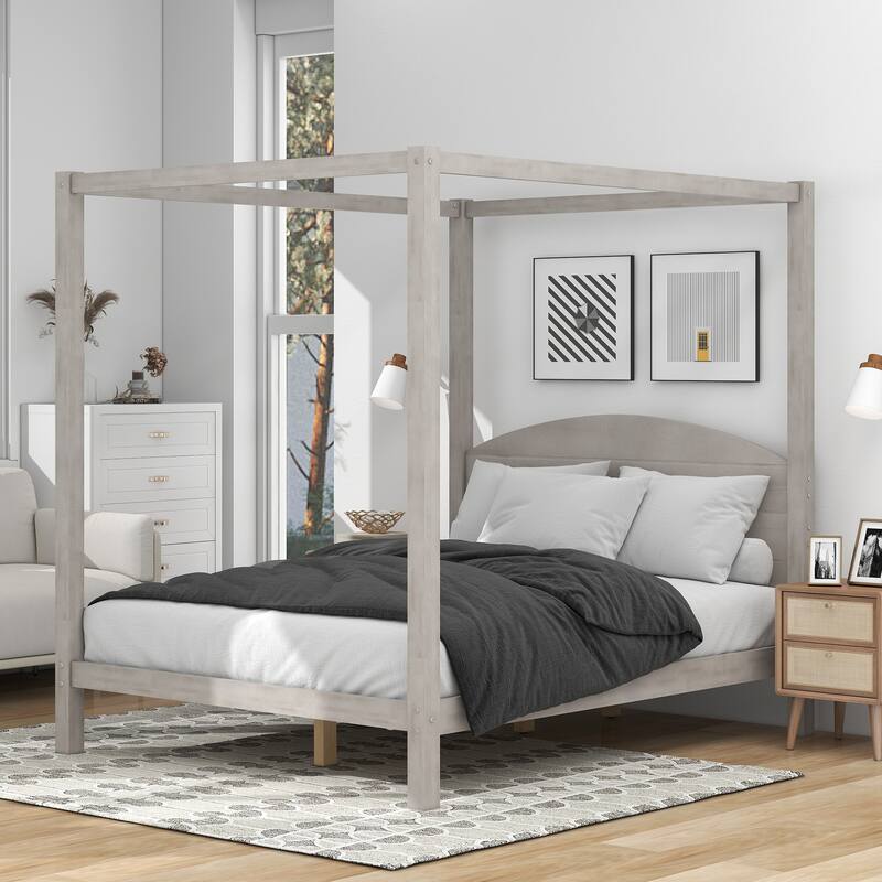 Modern Pine Wood Canopy Platform Bed with Headboard and Support Legs