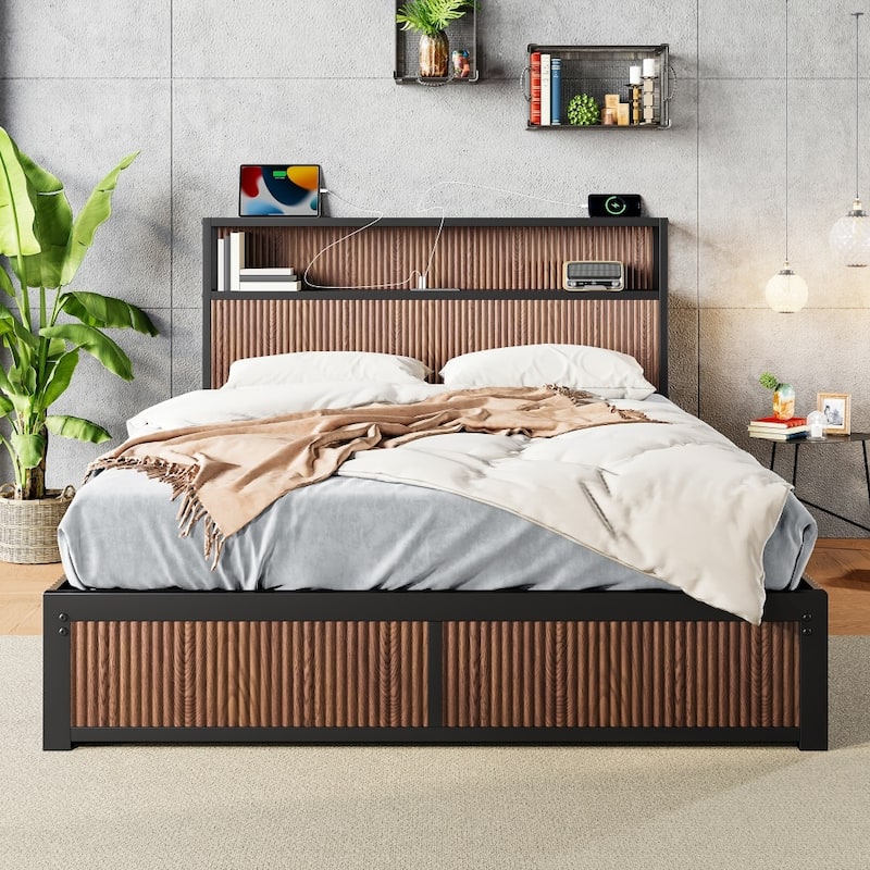Wooden Platform Bed Frame with Multiple Drawer Storage Function, Bedside Socket