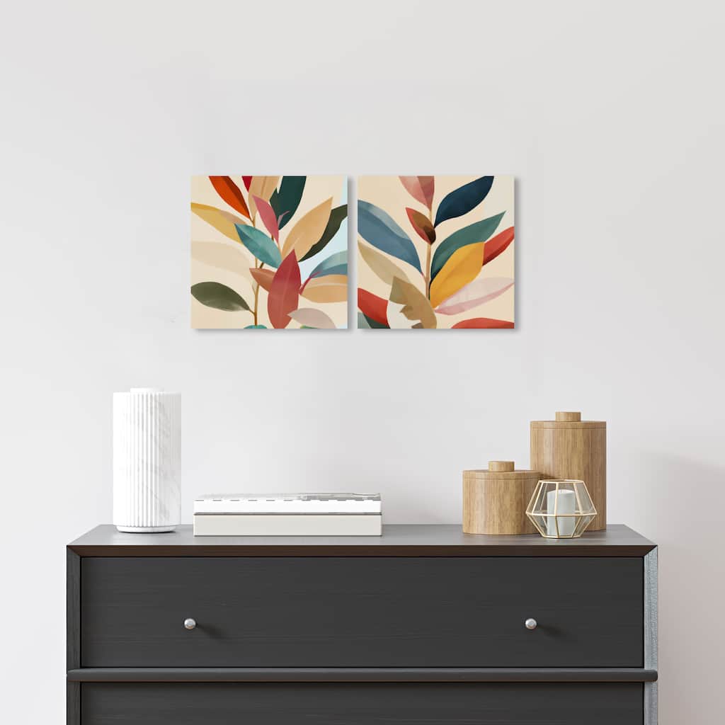 Wynwood Studio Canvas Floral and Botanical Leafs in Color SET Yellow and Dark Red Tropical Wall Art Canvas Print