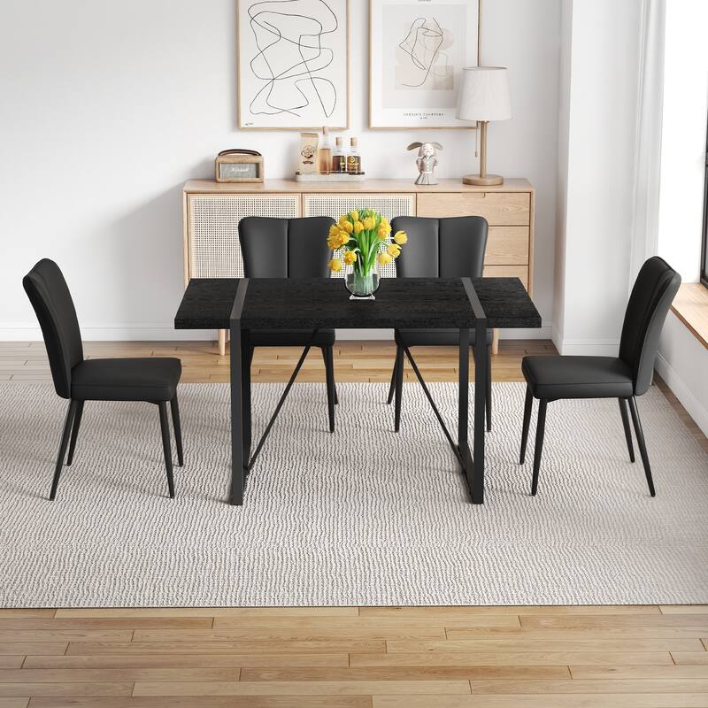 Kitchen Dining Table Set for 4-6 People, Rectangular Wooden Table with Faux Leather Dining Chairs