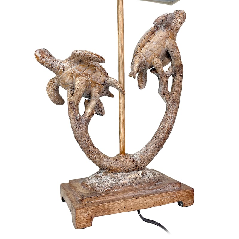 Set Of 2 Double Sea Turtle Table Lamps Coastal Nautical Resin 27.75" W/Shades - 27.75 X 15 X 9 inches
