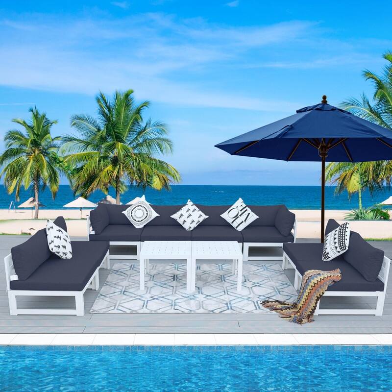 FINCATI White Aluminum Modern Patio Furniture Sectional Sofa Set with Cushion - 10 Pieces - Demin Blue