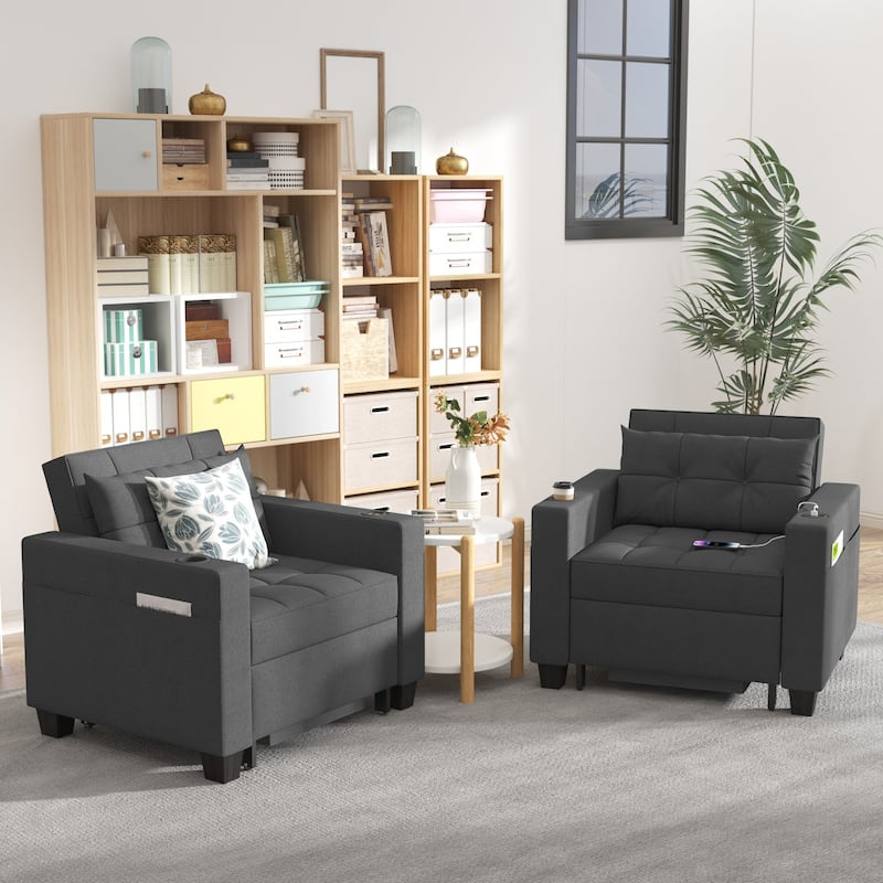 Futon Chair Bed Convertible Chair 3-in-1 Pull Out Sleeper Chair Beds for Living Room - 2PCS - Dark Gray Linen