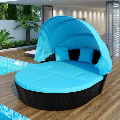 Outdoor rattan daybed sunbed with Retractable Canopy Wicker Furniture