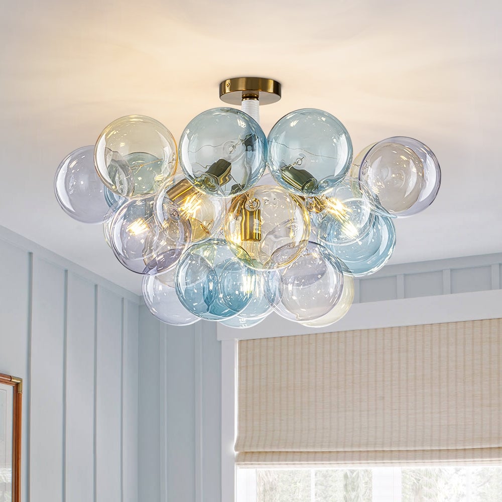Dimmable Candy Soft Blue Yellow Purple Tinted Glass Bubble Kid Chandelier - 24.8 Inches