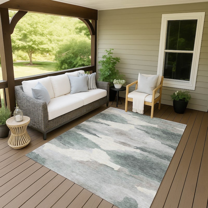 Machine Washable Indoor/ Outdoor Abstract Watercolor Chantille Rug - Sage - 8' x 10'