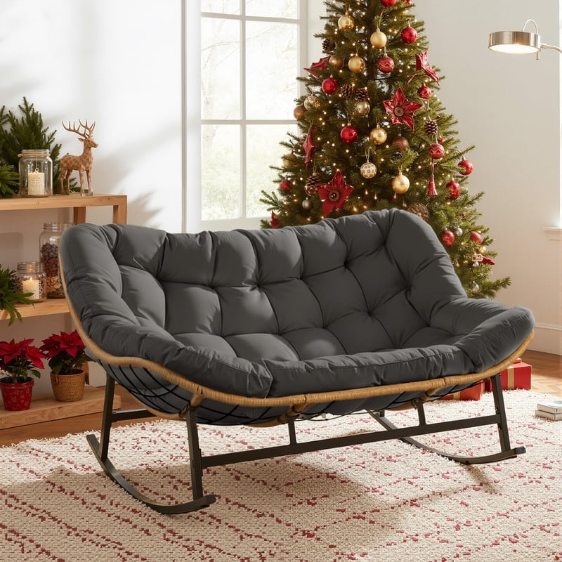 FINCATI Double Papasan Rocking Chair Outdoor Indoor, 700 lbs Heavy-Duty Double Wide Rocking Chair with 5.1 Inch Thick Cushion