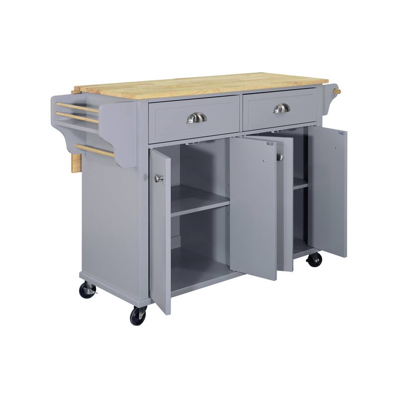 Farmhouse Wood Top Kitchen Island with 2 Drawer & Adjustable Shelves, Movable Storage Kitchen Cart with Spice Rack & Towel Bar
