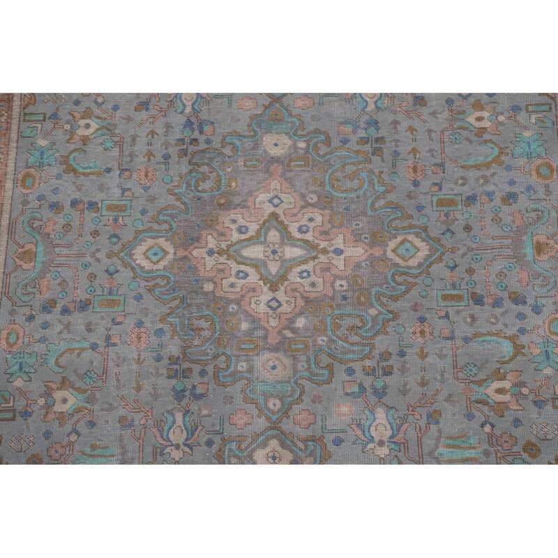 Geometric Blue Tabriz Persian Antique Area Rug Handmade Wool Carpet - 8'0" x 10'10"