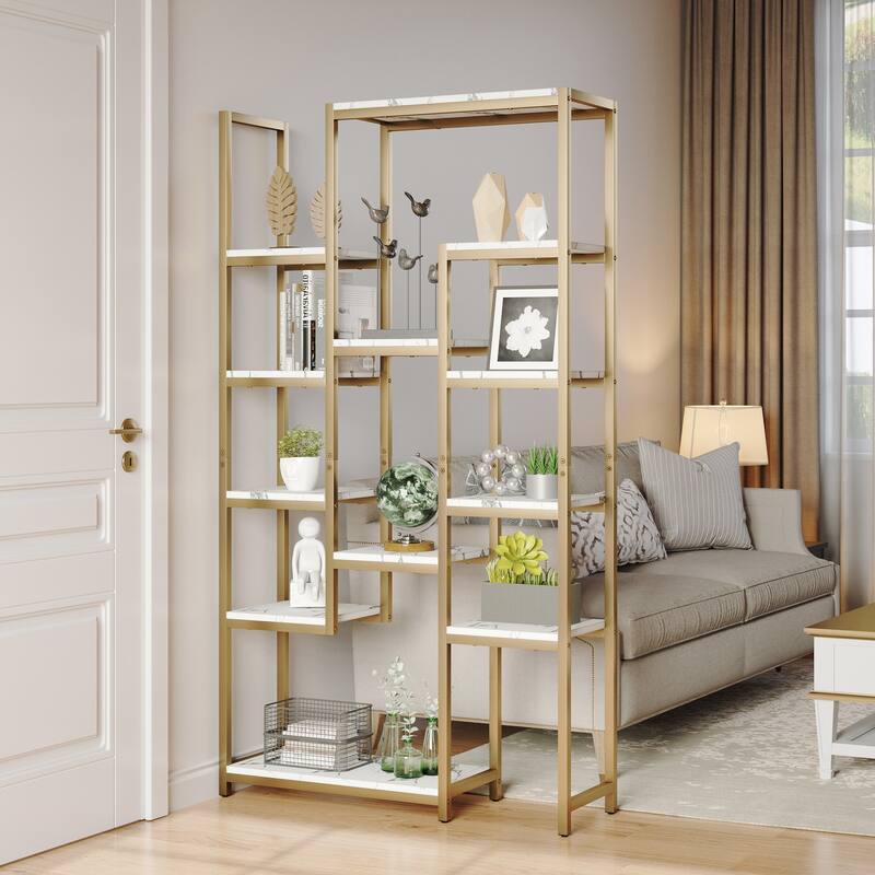Wood 6-Tier Gold Bookshelf 71" Tall Modern Free Standing Bookshelf with 12 Shelves