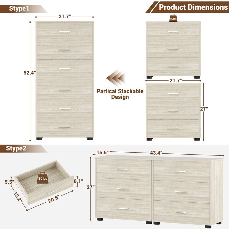 2-Pack Dressers with 6 Storage Drawers, Closet Organizers for Bedroom and Walk-in Closet