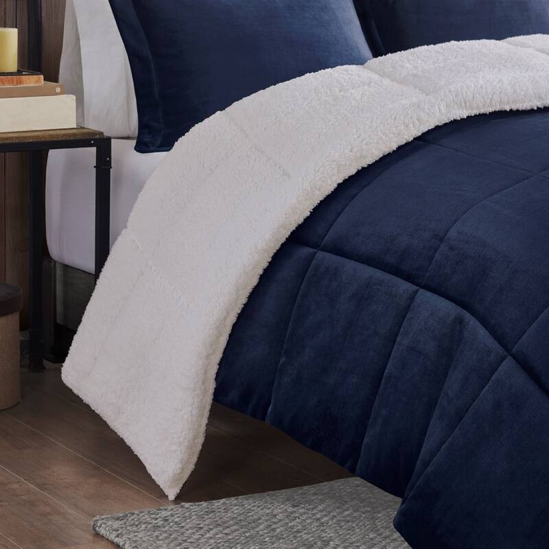 GDF Studio - Alton Plush to Sherpa Down Alternative Comforter Set - Navy & Ivory.