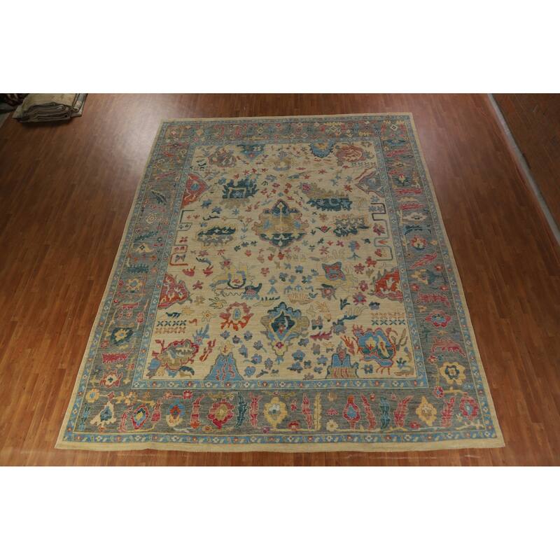Hand Knotted Oriental 100% Wool Carpet Transitional All-Over Beige & Ivories Oushak Area Rug - 14' 11'' X 12' 0''